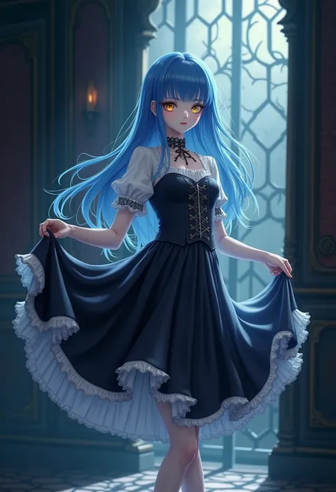 Vampire girl from anime,  blue hair,  golden eyes,  white skin,  black and white dress , Black skirt,  black shoes .
