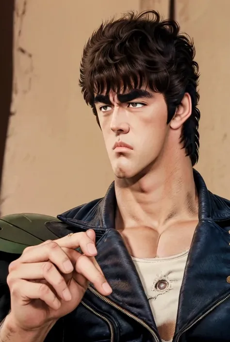 From front,, (( Kenshiro's Hairstyle , Short messy hair)), Brown Hair,  thick eyebrows, spreading hands while moving 