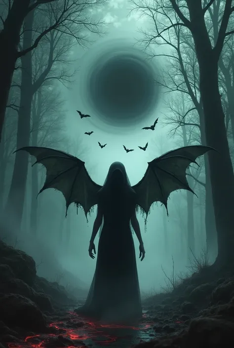  dark forest , dark with fog , a silhouette of a woman wearing a veil and flying bat wings,  a black hole , Blood spurts, Rivers of Blood .  flying bats 