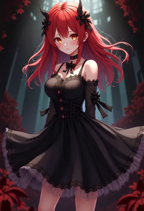 Vampire girl from anime,  red hair,  golden eyes,  white skin,  black and white dress , Black skirt,  black shoes .
