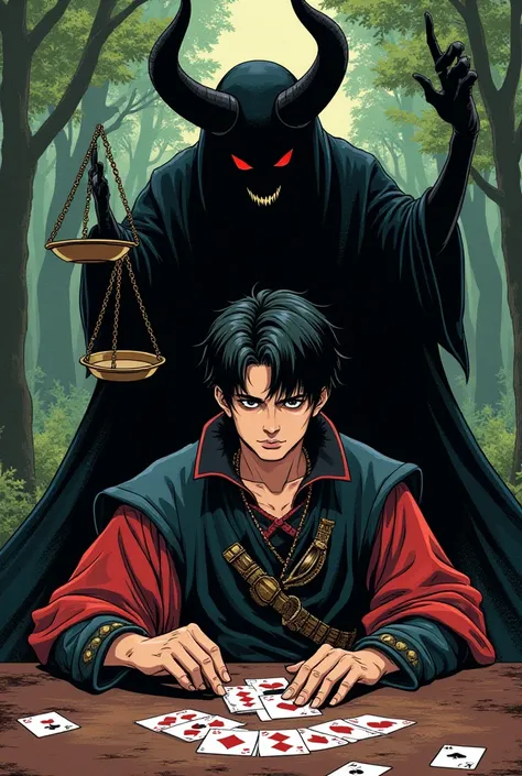 Personnage de manga en tenue medieval,
Dans une forêt joue aux cartes un jeune homme avec des cheveux noirs. Un diable noir avec une balance est derrière lui