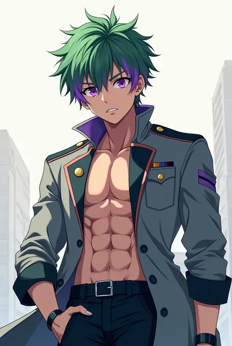  Anime boy,  Green hair with purple tips,  purple eyes, gray military jacket ,  muscular ,  black pants