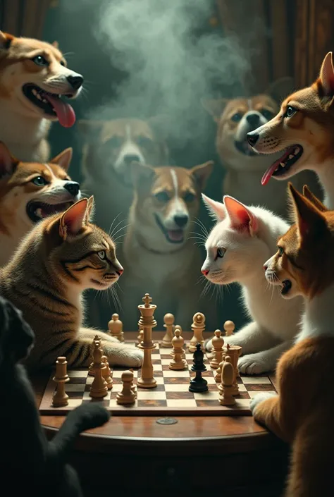 Anthropomorphic cats playing chess in a room with lots of dogs around betting on who will win while smoking marijuana 