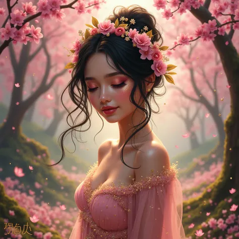 shiny oil paint, oil painting style, realistic oil painting Midjourney Art 
a beautiful fairy woman with eyes closing, looking down
in a flowery forest with pink flowers
hair with an updo, messy bun and flowing hair with
golden sparkles falling in her blac...