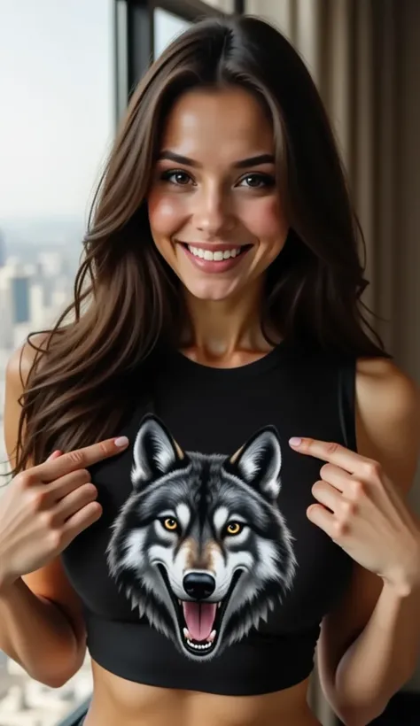 ( masterpiece,  photorealistic ) A beautiful woman,age 20,  44dd round natural and upright breasts .  wearing a sleeveless t-shirt with text  "Black Wolf".   He has long dark brown hair in layers .  Pointing at the nipples on his shirt .  His skin is pale ...