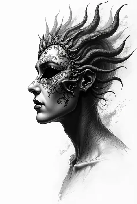 Create a black and white sketch of a Venetian mask in profile with a meaning of dark psychology on a white background, only the mask. 