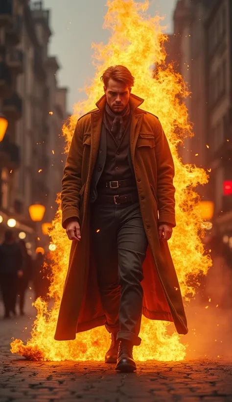 Male spirit of fire walking in the center of a city, wearing clothes from the 1960s, aura de magic, magic, Dark fantasy genre, magic,  soldier,  High quality cutlery,  8k quality,  very detailed face, Cinematic
