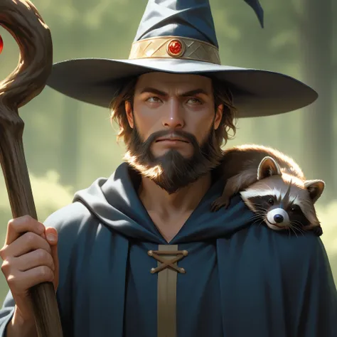 1man, man_in_wizard_attire, bearded, wizard_hat, wooden_staff, action_shot, casting_spells, raccoon_on_shoulder, yellow_raccoon, head_shoulders, 8k, realistic, natural_beauty