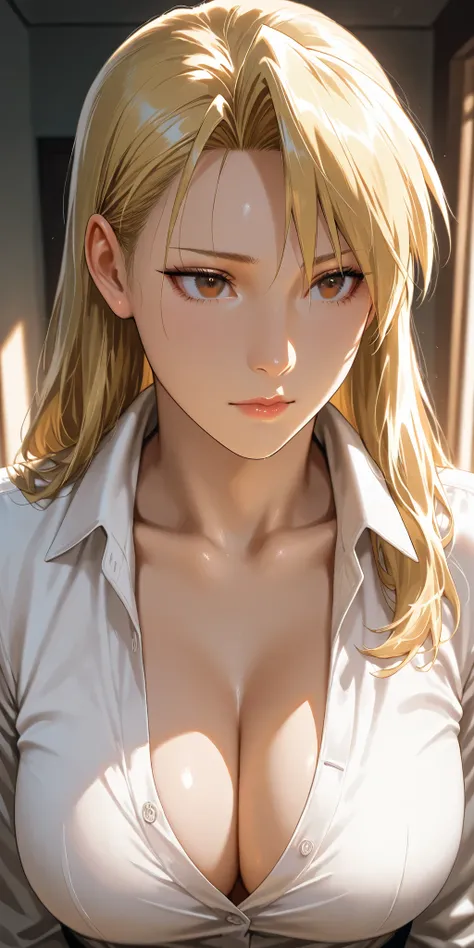 Masterpiece, newest, vibrant, very aesthetic, high contrast, mature woman, riza hawkeye, brown eyes, collared white shirt, cleavage, medium breast, upper body, home, best quality, semrealistic, fullmetal alchemist anime style