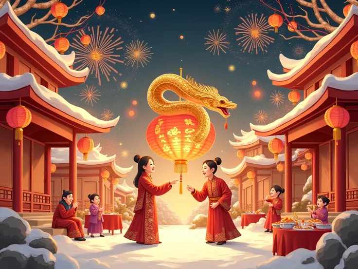 Create a vibrant and festive scene celebrating the Chinese New Year 2025, the Year of the Snake. With thw title "Happy Chinese New Year 2025 - Year of the Snake", The main character is a majestic, golden snake with intricate, shimmering scales, coiled eleg...