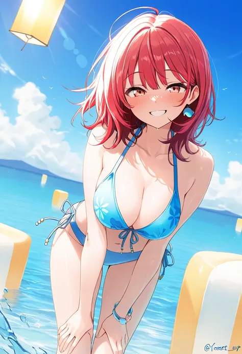  Yanami Anna、 Lantern、 medium hair、stupid hair、smile ,,(1girl bikini ocean watersplash bubble）best quality ( best quality )、(Nonsense)、( very detailed)、( very beautiful way to hold ) information best quality 、 Ultra-fine、Most HD、 very detailed、masterpiece、...