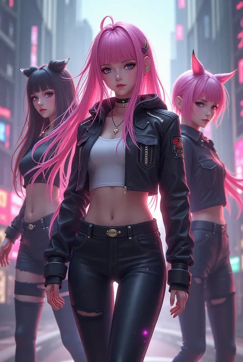 Female RPG characters, long pink hair with bangs , roupa street wear, gray eyes