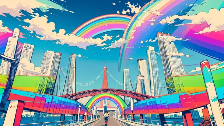 (masterpiece,  top quality:1.3), ( flat color:1.3), ( colorful:1.3),  and watch the viewers, One person,  alone,  colorful, (2D:1.3),  Hatsune Miku, (Rainbow Bridge in Odaiba, Tokyo :1.3)