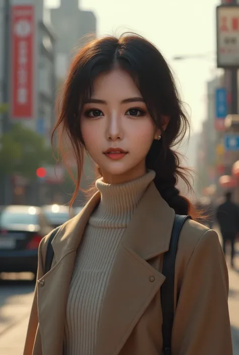 a young beautiful japanese woman, long coat, sweater, city street, detailed face, detailed eyes, detailed lips, cinematic lighting, intricate details, high quality, 8k, photorealistic, masterpiece, digital art, realistic portrait, natural colors, warm ligh...