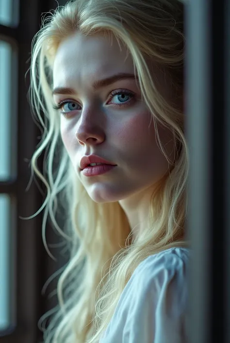 A beautiful girl with a , purple eyes,  white skin and blonde hair , Watch from a window,  its ears They are small and pointed  