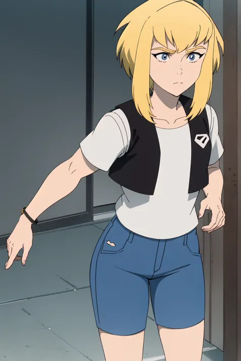  a girl, Alone , Kara Zor-El,  a girl, Alone ,   short hair, shirt,   closed mouth  ,   collarbone, vest, thick eyebrows, open black vest, animification, (  coloring anime  :1.2),   beautiful detailed eyes  , jeans