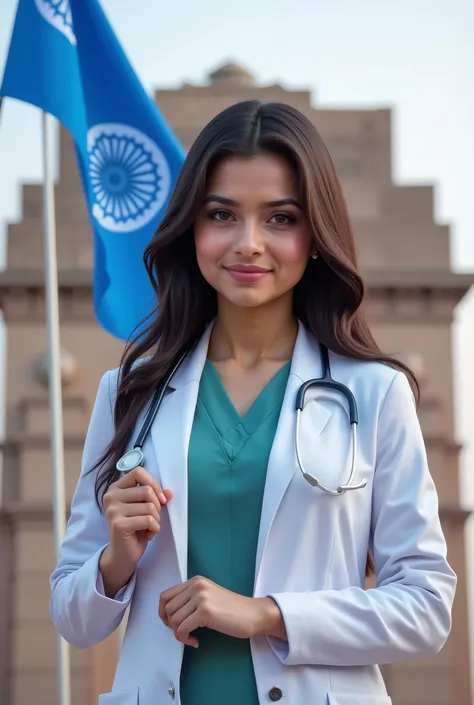 "Create a highly realistic image of a beautiful and confident 23-year-old Indian girl with an attractive appearance, wearing a doctor's coat and a stethoscope around her neck. She stands proudly in front of the India Gate in New Delhi, holding a blue flag ...