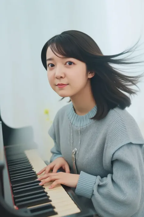 (( best image quality、8k、​masterpiece：1.3))、High quality realistic photos、 top quality、25 year old girl、piano、 mysterious in another dimension