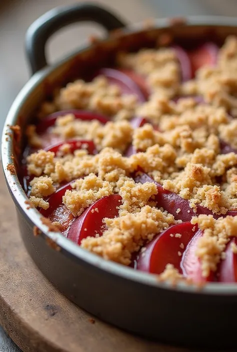  Plum Crumble
• 700 g Plums  ( with skin and without pits )
 • 280 g Flour 000
• 130 g Sugar
• 170 g Butter
• 80 g walnuts
• 1 teaspoon .  Ground Cinnamon
Preheat the oven at 200ºC .
 Cut the Plums into thin slices and place them on the bottom of a 24 cm s...