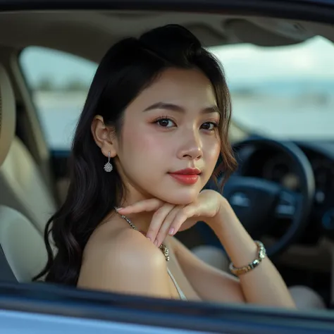 A beautiful vietnamese woman, accurate selfie not looking like an ai generated, in car posing.