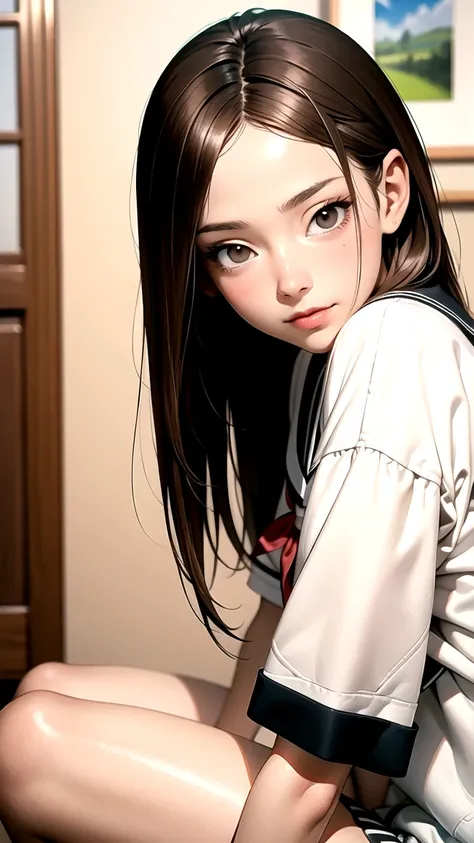 interior, Room, student,  Long hair,   brown hair ,  brown eyes, (perfect skin,  realistic skin), Seifuku, white shirt,  white socks,  white panties,  emphasis on fine fabric , Sensual:1.1, to smile, Blush:1.2,  TakagiSanPrimeiroStyle, ( masterpiece:1.4,  ...