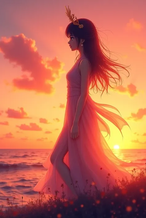 anime girl, high quality，8K ultra-high definition，美丽的 double exposure， combines the silhouette of a goddess with the sunset coast， sunset coast should be used as a bottom layer background， The details are incorporated into the silhouette of the goddess ， c...