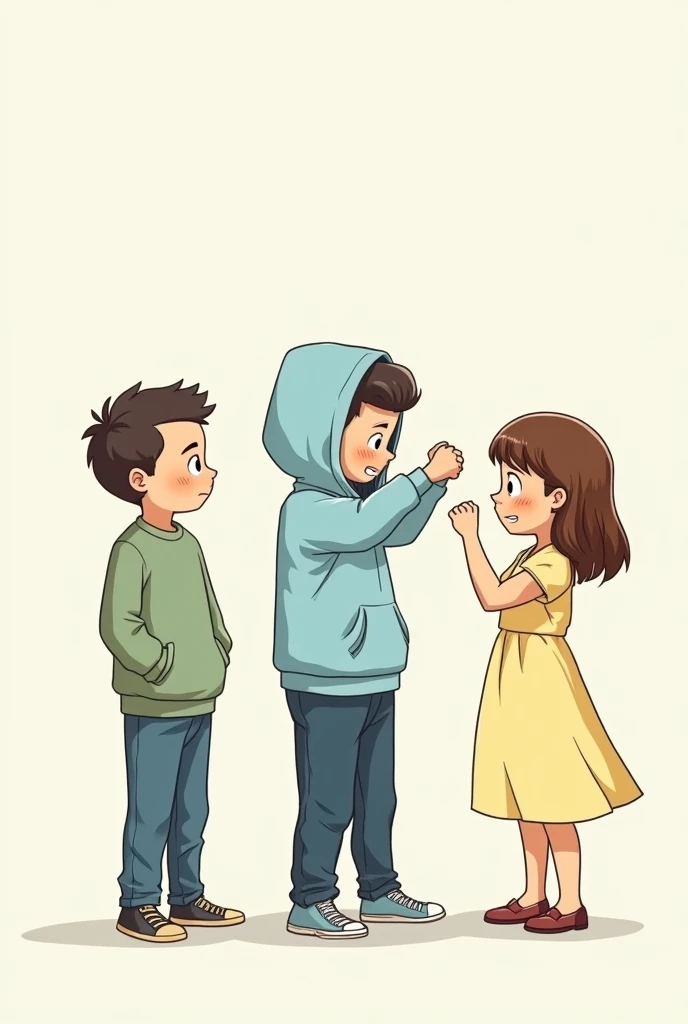  in the center of a boy wearing a light blue hoodie and ,  on the right side, draw a girl in a light yellow dress punching her fist, , On the left side of the boy, draw a boy dressed in a light green color .  and on the sky blue boy, draw a girl dressed in...