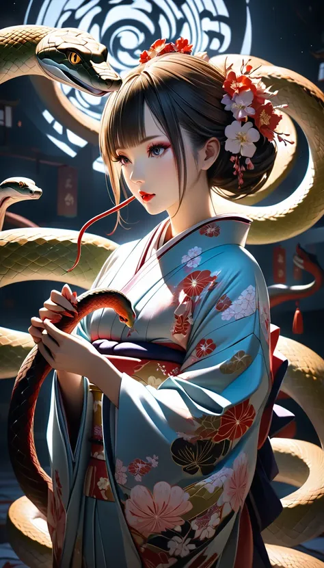 Japanese woman, beautiful, in kimono, playing with snakes, advanced lighting techniques, 8K quality, surrealism, a work of art.