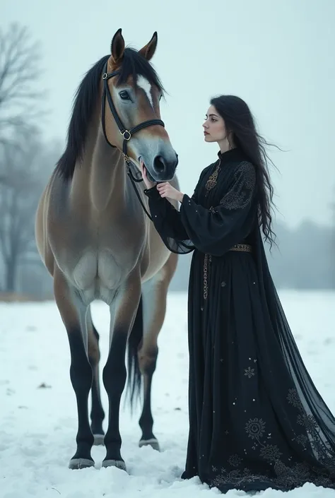 Witchy stunning woman wearing black, in the snow, passing her hand on a horse