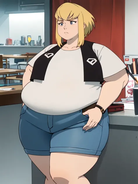  score_9,   score_8_arriba,   score_7_arriba, a girl, Alone , Kara Zor-El(big fat body),  a girl, Alone ,   short hair, shirt,   closed mouth  ,   collarbone, vest, thick eyebrows, open black vest, animification, (  coloring anime  :1.2),   beautiful detai...