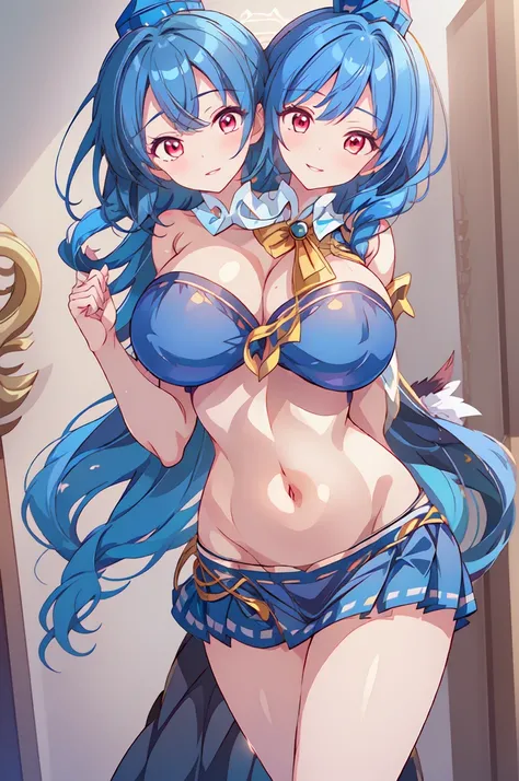 (masterpiece, best quality), best quality, (ultra-detailed), (3heads:2.0), 1girl, (Megumu Iizunamaru:1.3), masterpiece, best quality, ultra quality, ultra resolution, ultra detail, dark blue top, crop top, ((stomach)), midriff, ((groin)), dark blue skirt, ...