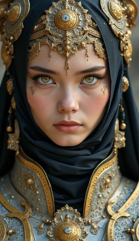 Indonesian immortal woman, 

Closed up photography, Wear full hijab and silver and gold mythical armor, round oval face, so beauty and cute face, golden armor with intricate javanese traditional ornament, majestic, graceful, strong and intimidating. 