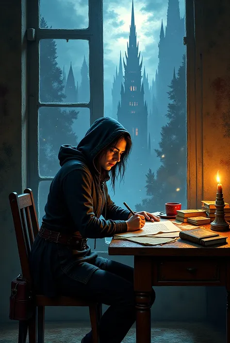 Irielle sits at an old wooden desk, its surface worn from years of use, scattered with ancient books, faded scrolls, and ink-stained notes filled with cryptic symbols. A flickering candle casts dim light, illuminating her glowing, starry eyes and the faint...