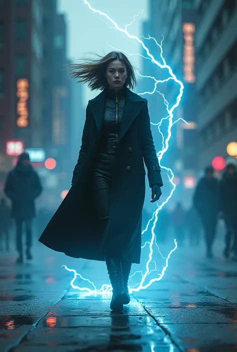 Female elemental spirit made of electricity, Strong wind current following the woman, walking in the center of a city , wearing clothes from the 1960s, aura de magic, magic, Dark fantasy genre, magic,  soldier,  High quality cutlery,  8k quality,  very det...