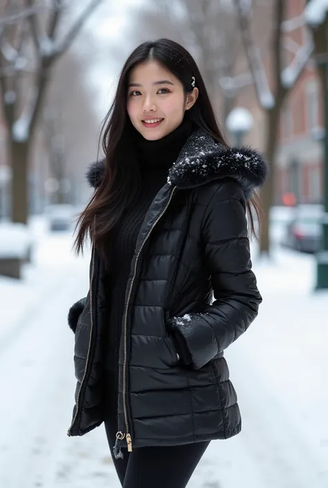 Beautiful asian women with long black straight hair, 20 years old,sexy, wearing a cute fur being jacket, turtle neck sweater, leggings, hair accessories, snow, jewelry,  earrings, outside of downtown,enjoying the snow. Beautiful snow, beautiful scenery big...