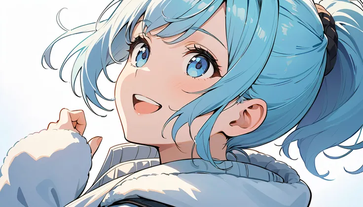 (masterpiece, Highest quality), look up at the sky, One Girl, alone, (light blue hair, ponytail) and (light blue eyes), Winter coat, happy, white background, flat illustrations, highly detailed, Dynamic Angle, beautiful detailed, smiling,