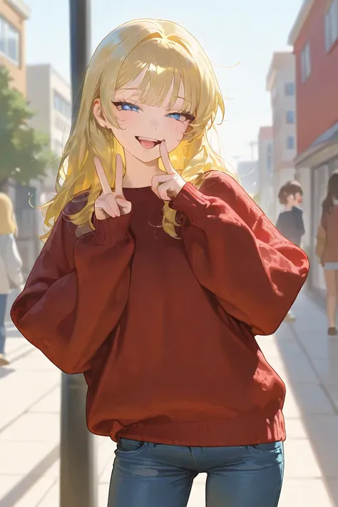 Cheerful girl, blonde hair, red oversized sweater, jeans, blue eyes, bright smile, outside, neighborhood, morning, laughing, peace sign with fingers, tongue sticking out