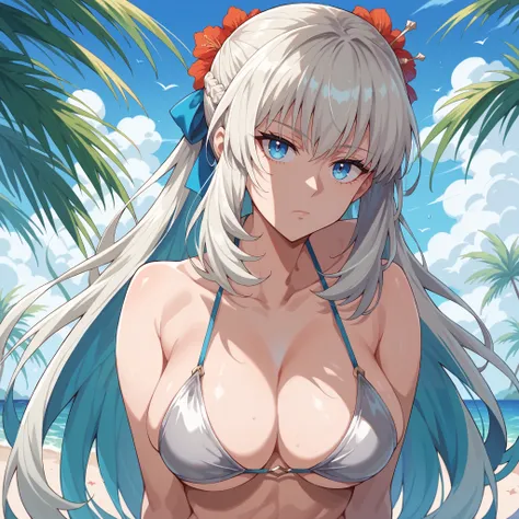  Morgan Le Fay (fate/grand order), light hair,  blue eyes. expressionless,  Big breasts, silver bikini,  background of a tropical beach.