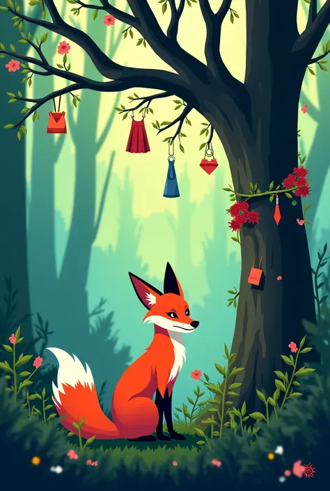 A fox in the middle of a forest with a tree that has garbage on one of its branches fasilon and simple drawing 