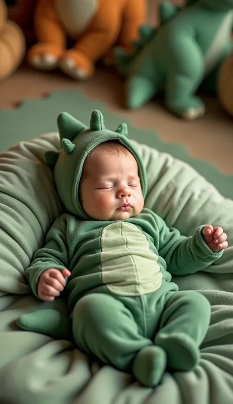 Create a 4K image of a baby newborn wearing a green dinosaur onesie with soft scales along the back and a small tail. The hood should have cute dino spikes and the feet covered with soft dinosaur booties. The baby newborn is sleeping and lying on a soft gr...