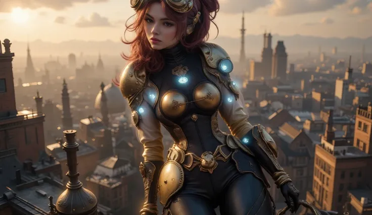 "Steampunk female Spider-Man, wearing a detailed steampunk-inspired suit with brass and leather elements, intricate clockwork designs integrated into her armor, goggles on her head, and a steam-powered grappling hook on her wrist. Her suit features metalli...