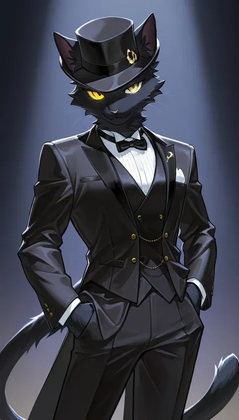 masterpiece,  top quality,  Amazing Quality ,   Very Aesthetic ,  high resolution,  Super Detail,   is ridiculous,  One Cat Girl,  rainbow heterochromia( blue and yellow eyes )、 like fur,Jet-black fur 、 black silk hat、 black tuxedo 、gentleman's stick 