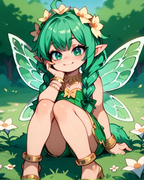 masterpiece,  top quality,  Amazing Quality ,   Very Aesthetic ,  high resolution,  Super Detail,   is ridiculous,little fairy girl(masterpiece)、 heterochromic iridosis eye(Light green eyes and dark green eyes)、 green hair( braids)、Flower Field、 sitting on...