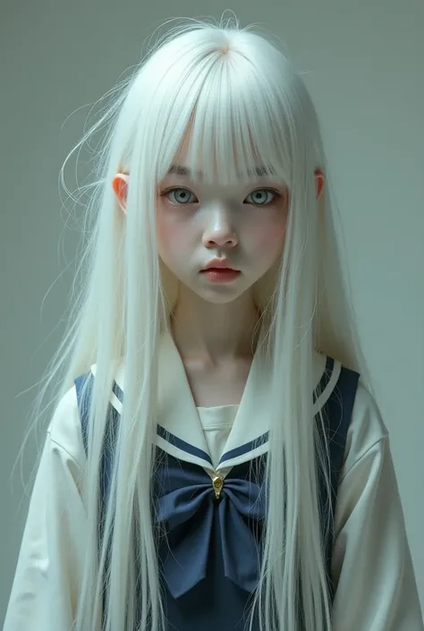 Make me an albino girl, With very long hair and Korean,  uniform with bangs and slightly disheveled hair, wearing the Squid Game ,  looking at nothing with a stray look 