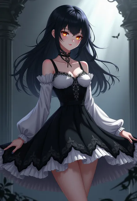 Vampire girl from anime,  black hair,  golden eyes,  white skin,  black and white dress , Black skirt,  black shoes .
