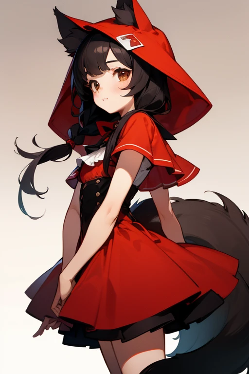  top quality,   Ultra High Resolution, illustration style, (( cute middle school girl)),( small tits),Wolf ears、Wolf Tail、 semi-long black hair , brown eyes, Little Red Riding Hood,