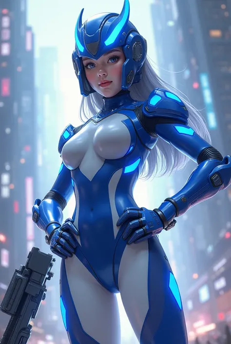 girl, heroine, metal hero, blue armor, white and also blue clothes, asian girl, wear helmet, lightning visor, sexy, Super sentai, girl super sentai, white stockings, tight clothes, belt