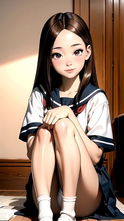 interior, Room, student,  Long hair,   brown hair ,  brown eyes, (perfect skin,  realistic skin), Seifuku, white shirt,  white socks,  white panties,  emphasis on fine fabric , Sensual:1.1, to smile, Blush:1.2,  TakagiSanPrimeiroStyle, ( masterpiece:1.4,  ...