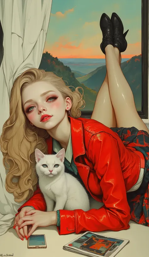 Hyperrealistic young girl lying on the floor holding her face with both hands on the side of her chin, her long wavy blond hair falls on her shoulders , she is wearing red lips with glitter , long false eyelashes , blinked with glitter , she wears a r...