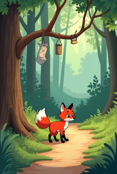 A fox that is on a path in the middle of a forest with a tree that has garbage on one of its branches easy and simple drawing 